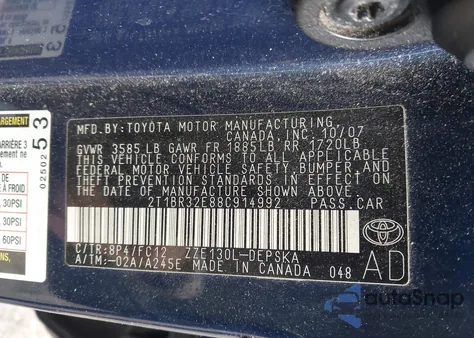 2008 Toyota Corolla S z USA, uszkodzony, nr VIN 2T1BR32E88C914992